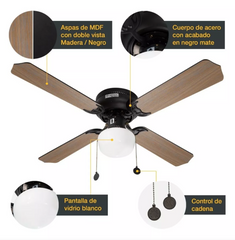 Matte Black Ceiling Fan Black/Wood Blades Led 42