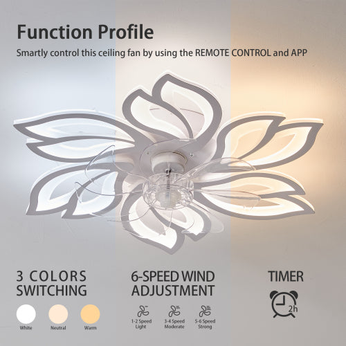 26Inches Ceiling Fan with Lights Remote Control Dimmable LED, 6 Gear Wind Speed Fan Light