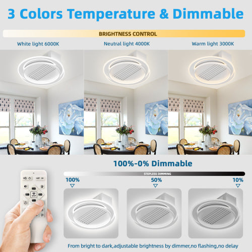 22Inches Bladeless Ceiling Fan with Lights Remote Control Dimmable LED, 6 Gear Wind Speed Fan Light