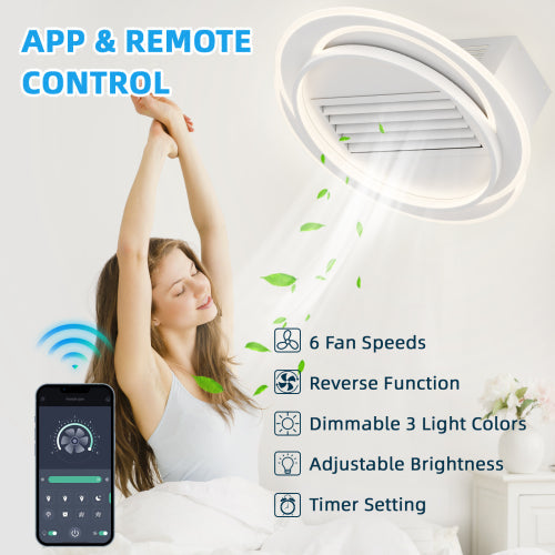 22Inches Bladeless Ceiling Fan with Lights Remote Control Dimmable LED, 6 Gear Wind Speed Fan Light