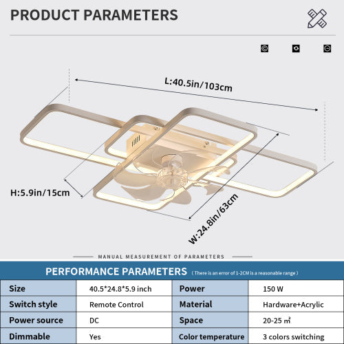 41Inches Ceiling Fan with Lights Remote Control Dimmable LED, 6 Gear Wind Speed Fan Light